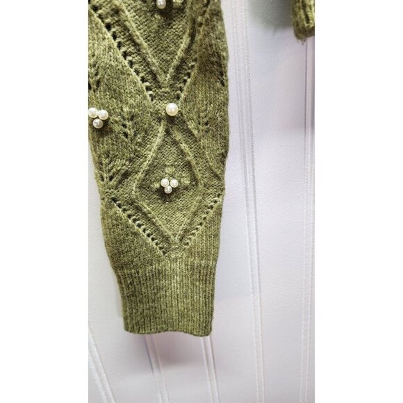 Zara Beaded Olive Green Cropped Turtleneck Sweater With Diamond Knit Design & Pe - Picture 4 of 10